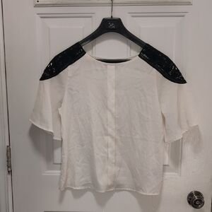 Worthington Cream Blouse with Black Lace Shoulders